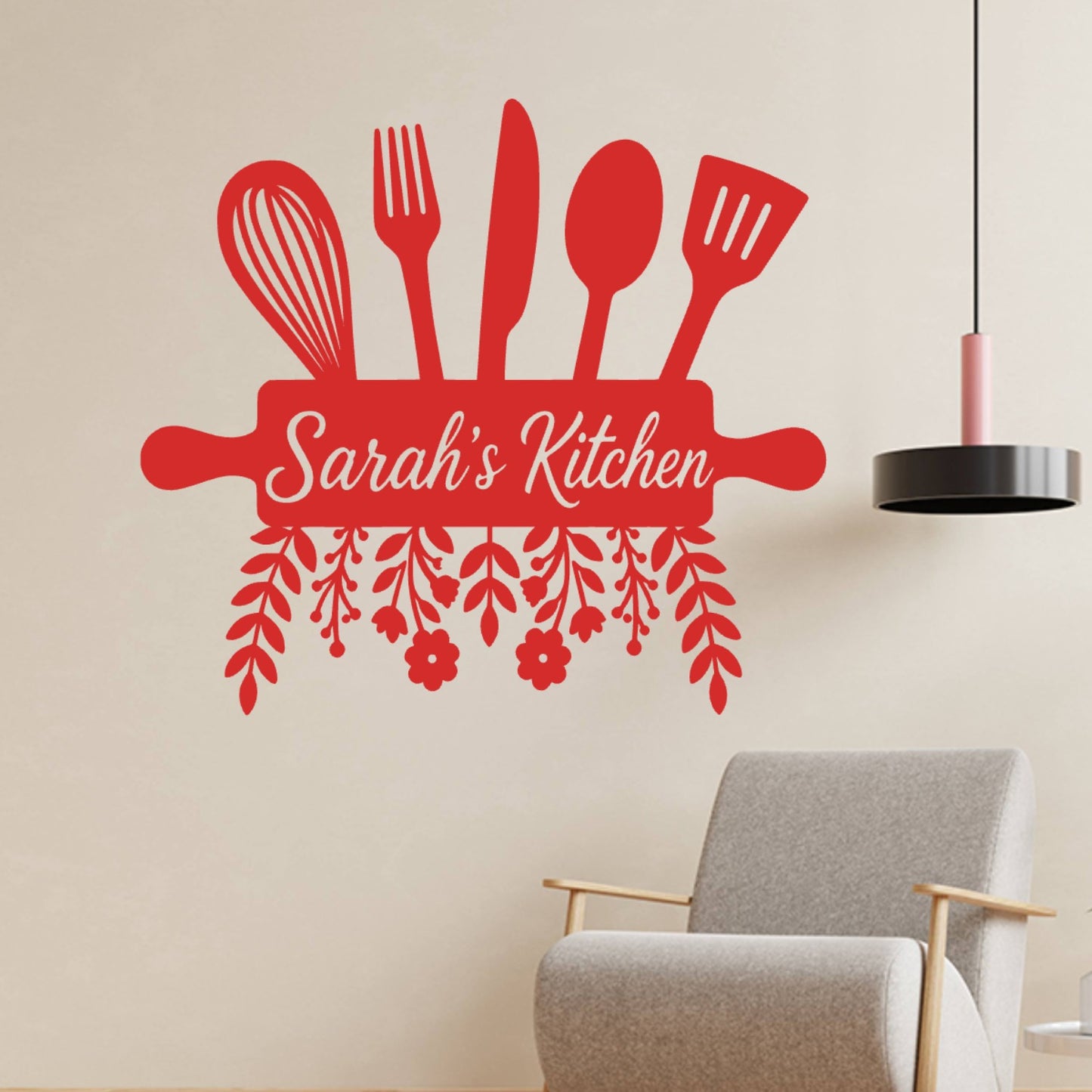Personalised Kitchen Wall Sticker with Utensils – Custom Name Floral Kitchen Decal