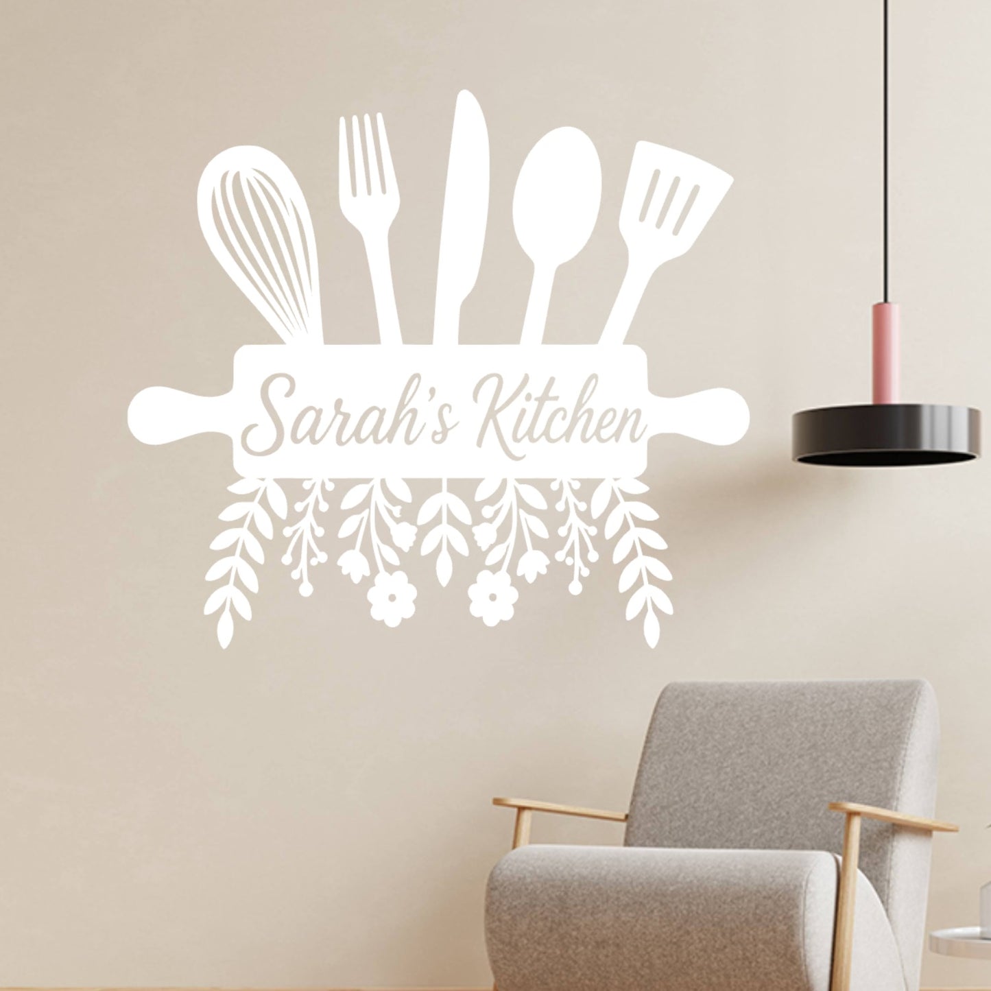 Personalised Kitchen Wall Sticker with Utensils – Custom Name Floral Kitchen Decal