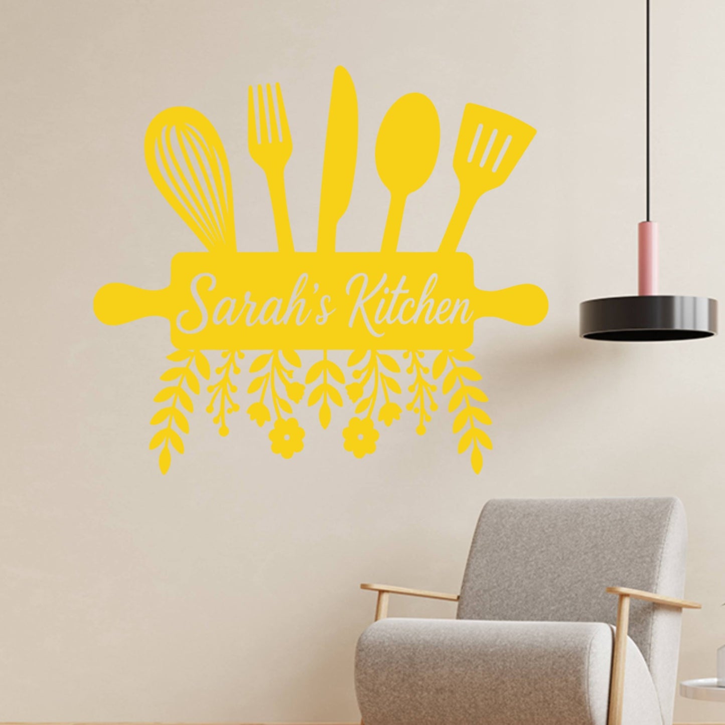 Personalised Kitchen Wall Sticker with Utensils – Custom Name Floral Kitchen Decal