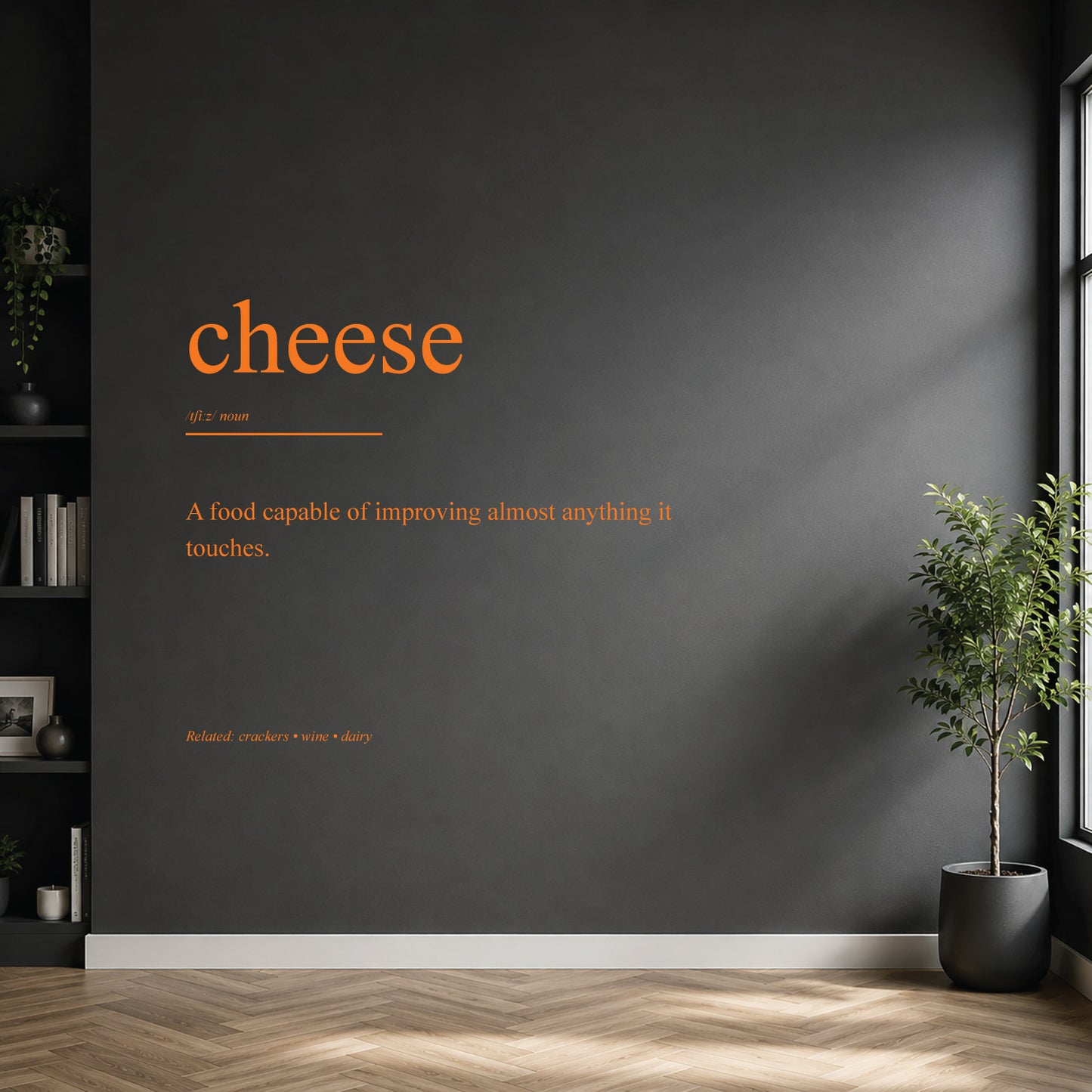 White cheese dictionary definition wall sticker on a modern kitchen wall.