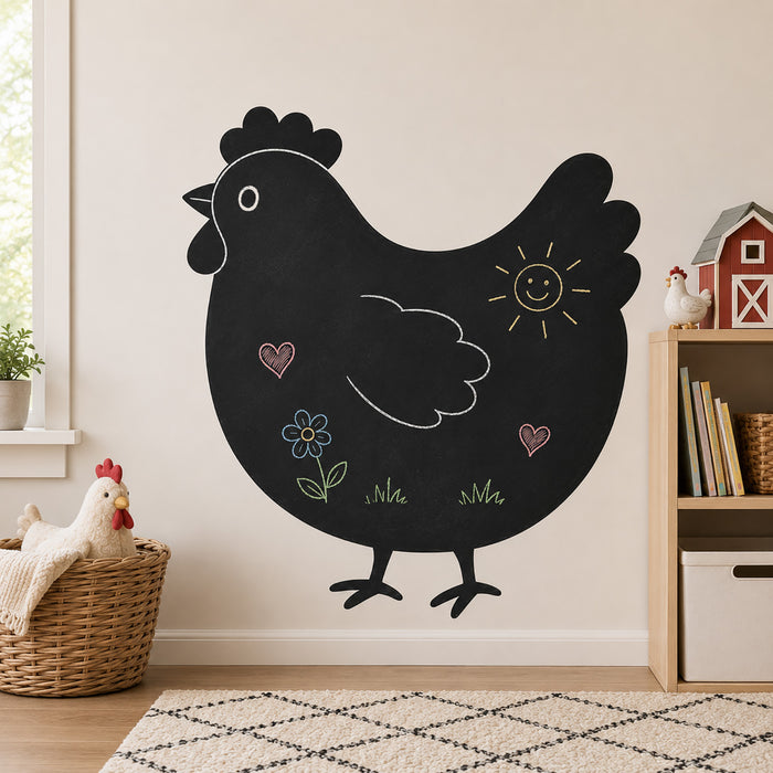 Chicken chalkboard wall sticker with colourful chalk drawings in farm nursery