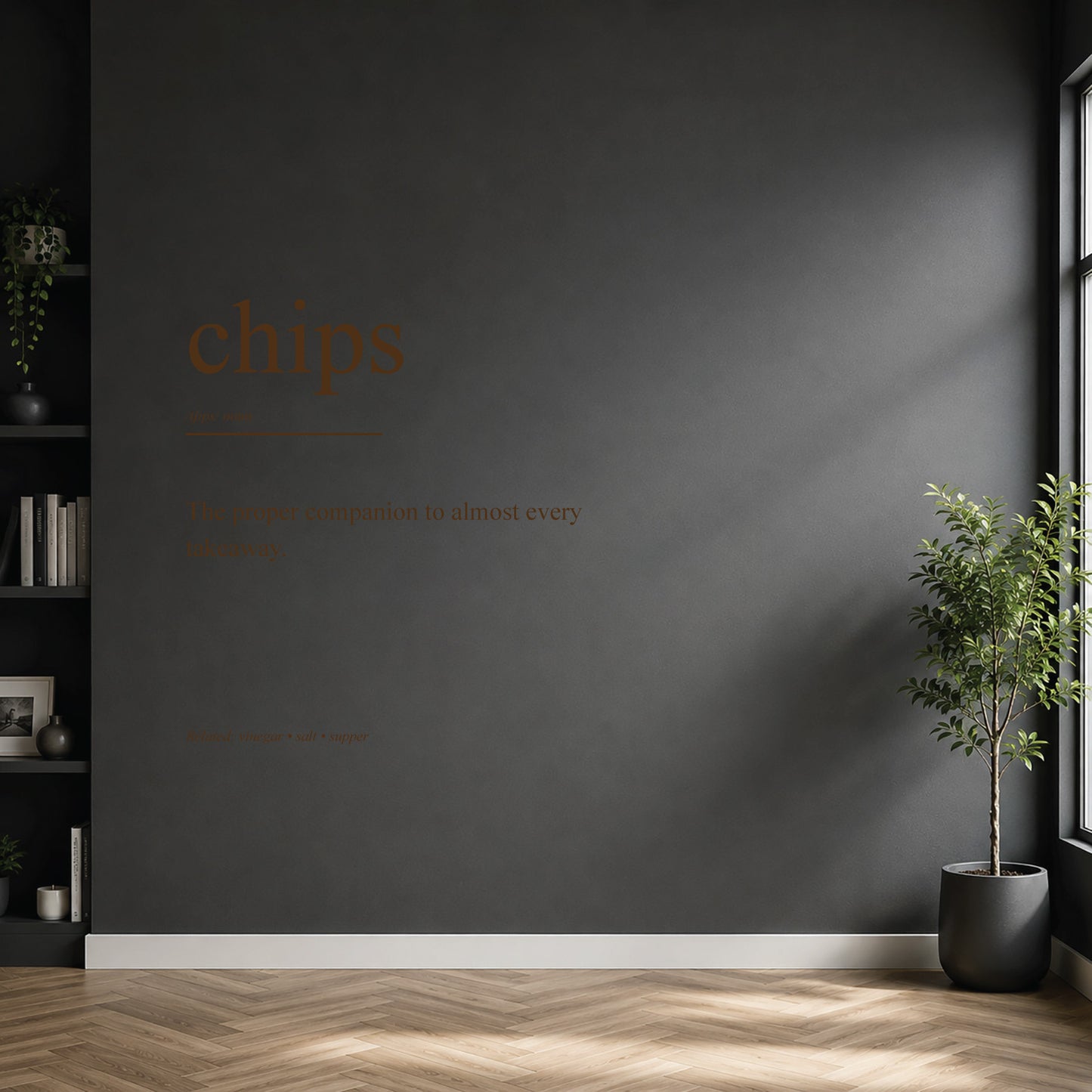 White chips dictionary definition wall sticker on a modern kitchen wall.