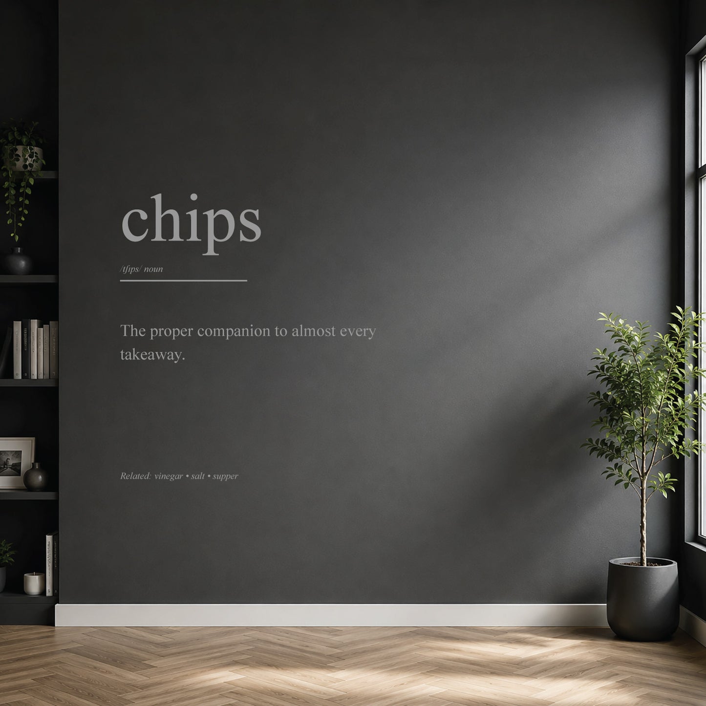 White chips dictionary definition wall sticker on a modern kitchen wall.