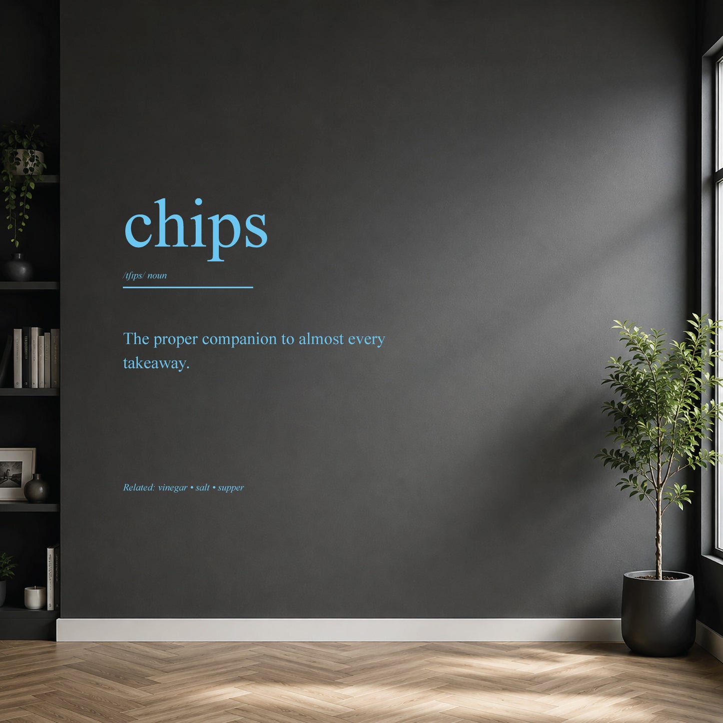 White chips dictionary definition wall sticker on a modern kitchen wall.