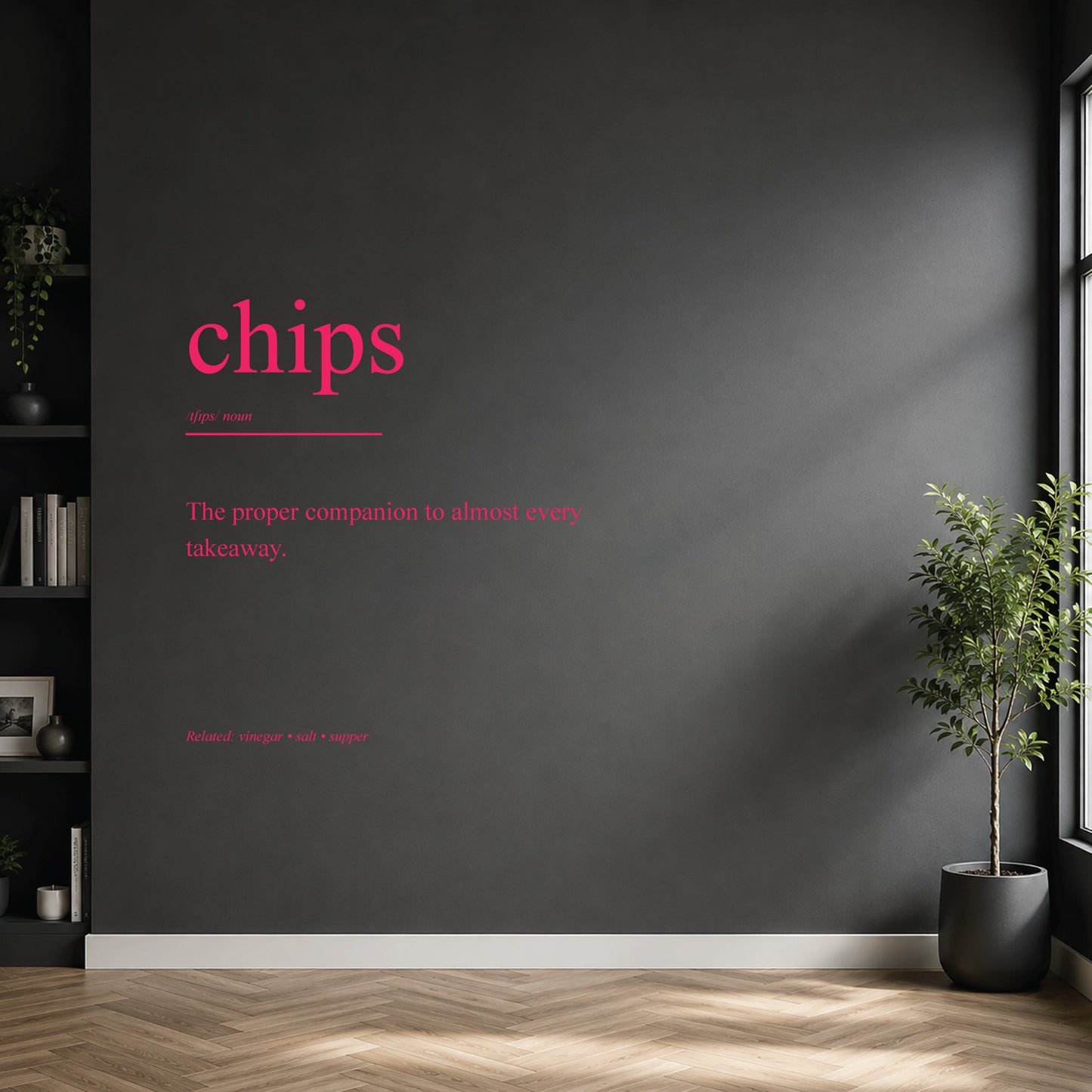 White chips dictionary definition wall sticker on a modern kitchen wall.