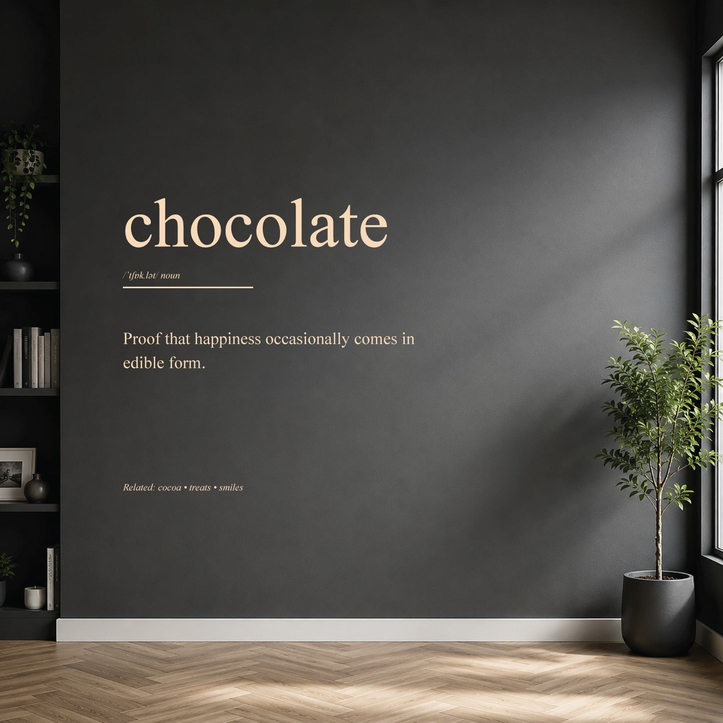 White chocolate dictionary definition wall sticker on a modern kitchen wall.