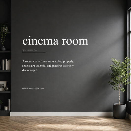 White cinema room definition wall sticker on a dark modern wall.