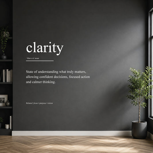 White clarity definition wall sticker on a dark modern wall.