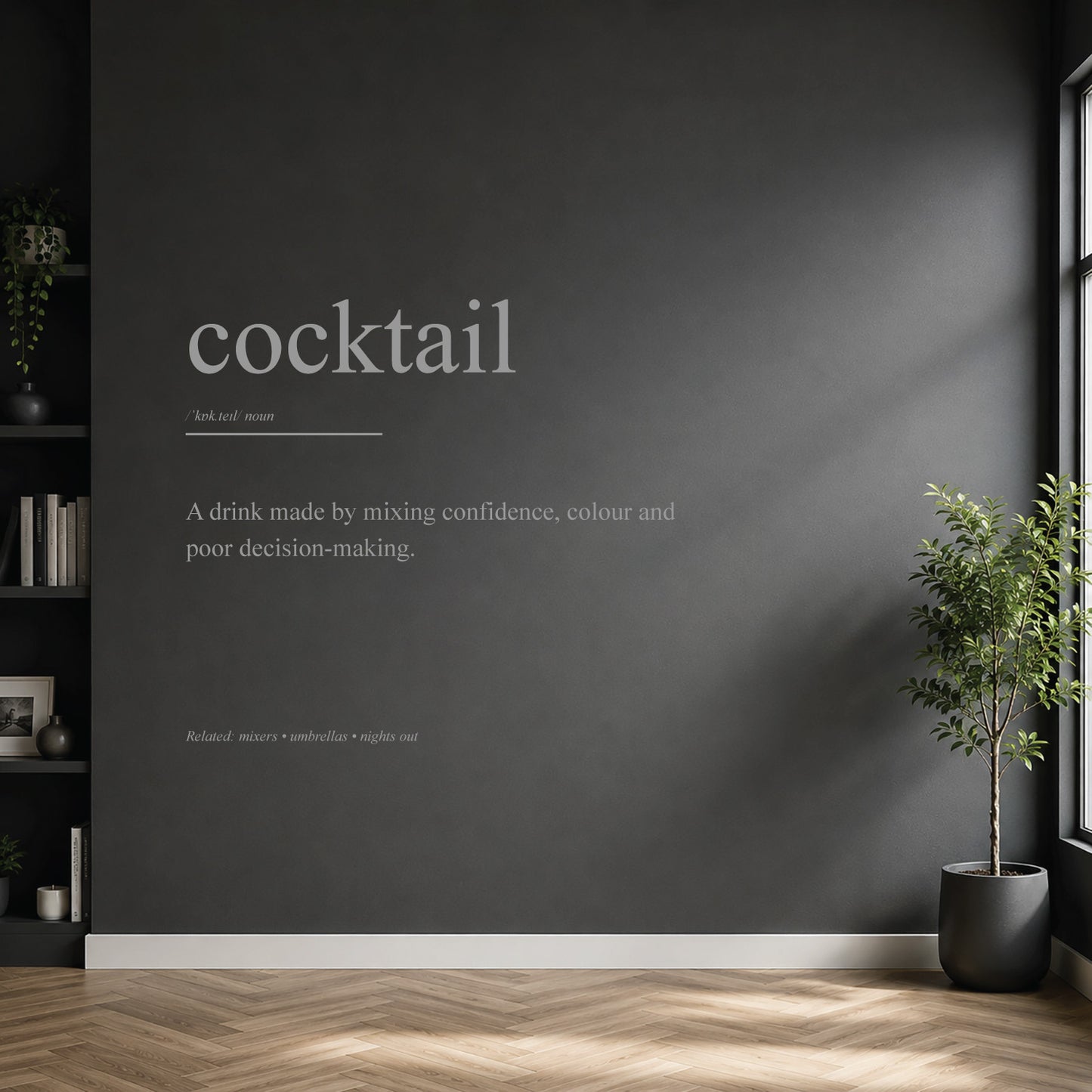 White cocktail dictionary definition wall sticker on a modern kitchen or home bar wall.
