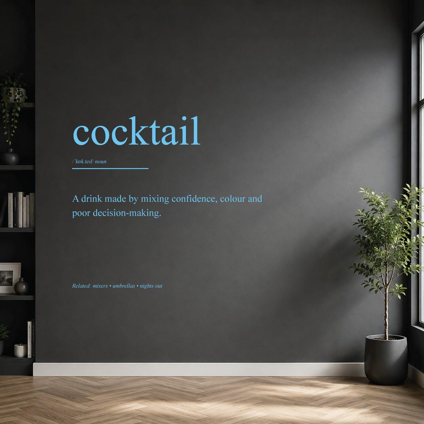 White cocktail dictionary definition wall sticker on a modern kitchen or home bar wall.