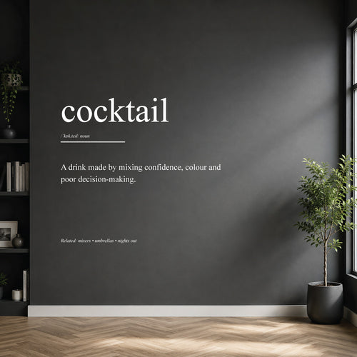 White cocktail dictionary definition wall sticker on a modern kitchen or home bar wall.