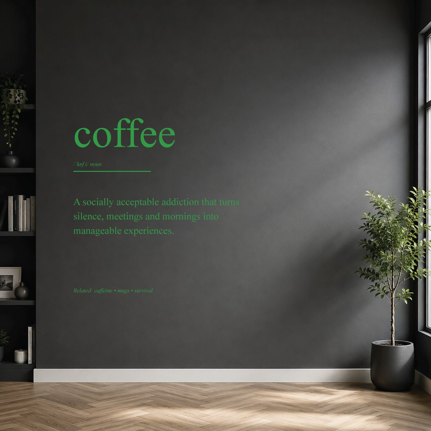 White coffee dictionary definition wall sticker on a modern kitchen or home bar wall.