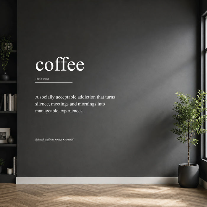 White coffee dictionary definition wall sticker on a modern kitchen or home bar wall.