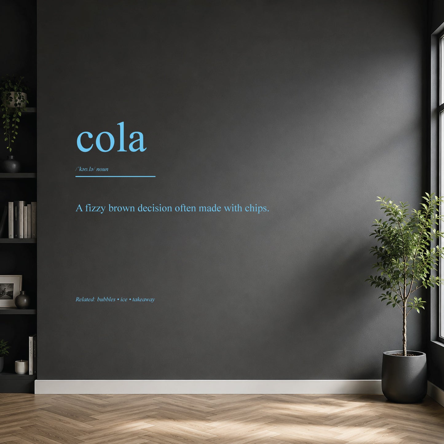 White cola dictionary definition wall sticker on a modern kitchen or home bar wall.