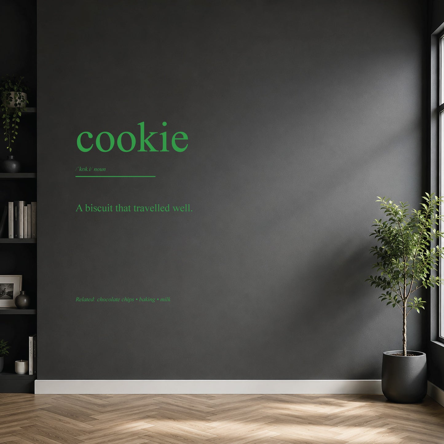 White cookie dictionary definition wall sticker on a modern kitchen wall.