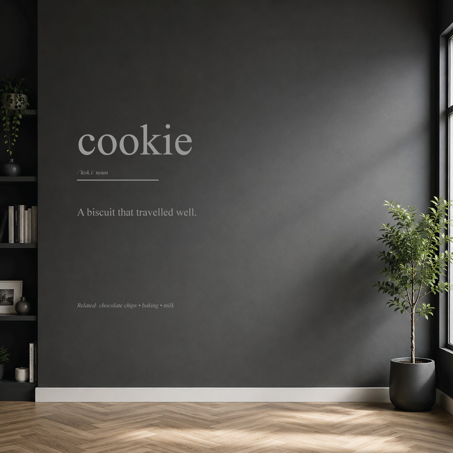White cookie dictionary definition wall sticker on a modern kitchen wall.