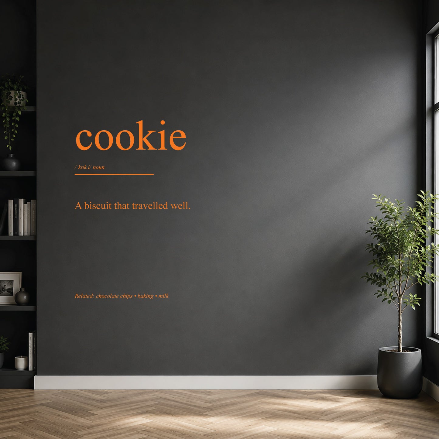 White cookie dictionary definition wall sticker on a modern kitchen wall.