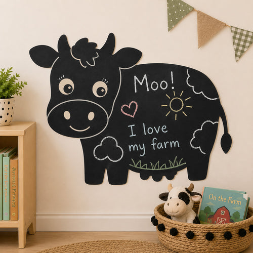 Cow chalkboard wall sticker with kids chalk drawings in farm themed nursery bedroom