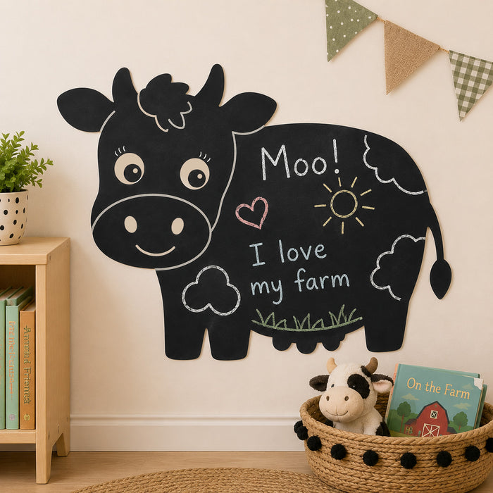 Cow chalkboard wall sticker with kids chalk drawings in farm themed nursery bedroom
