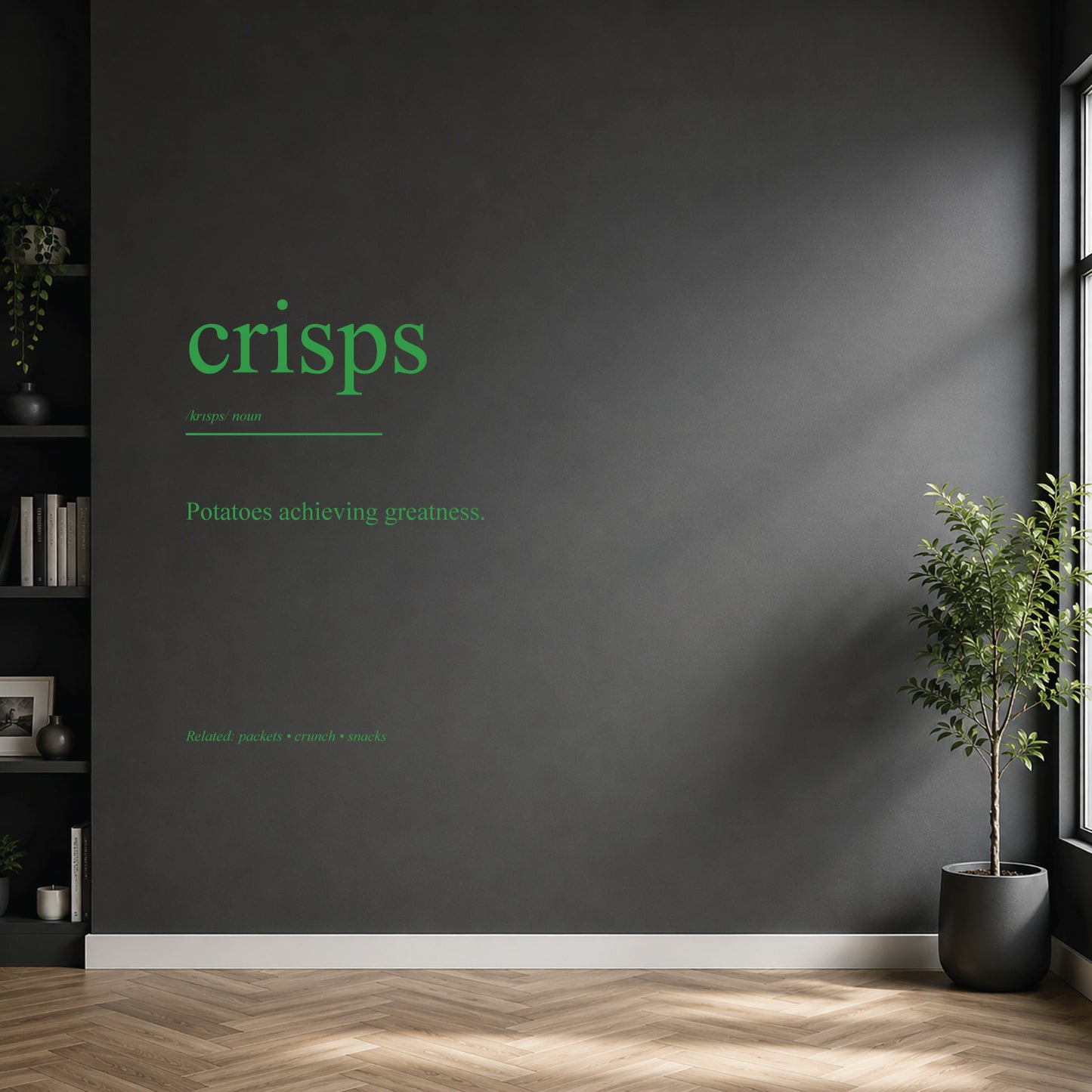 White crisps dictionary definition wall sticker on a modern kitchen wall.