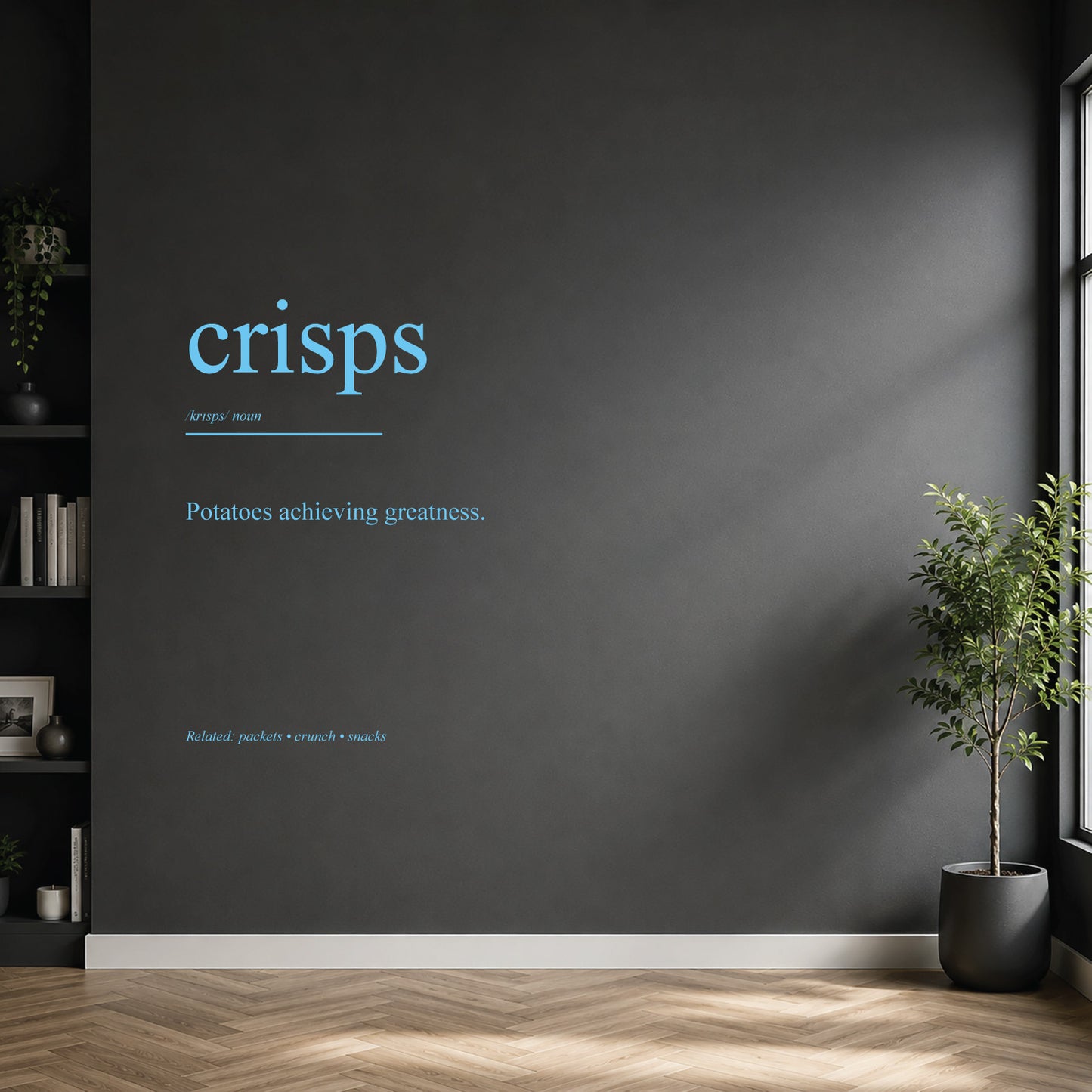 White crisps dictionary definition wall sticker on a modern kitchen wall.