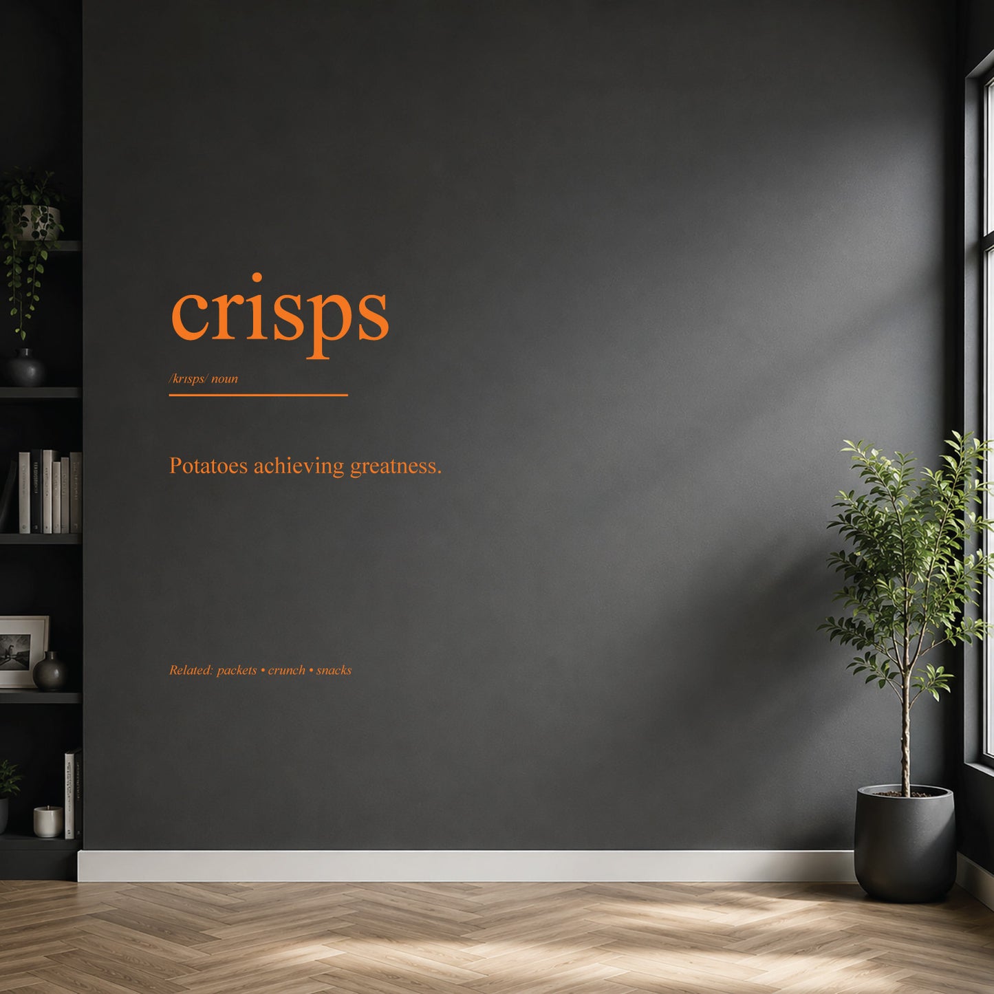 White crisps dictionary definition wall sticker on a modern kitchen wall.