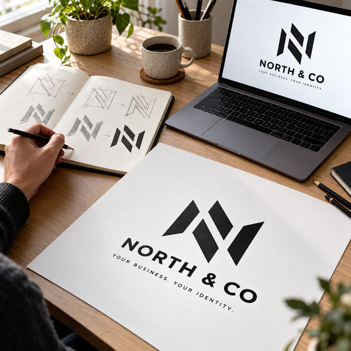 Custom business logo design: sketches developed into a finished logo on paper and laptop