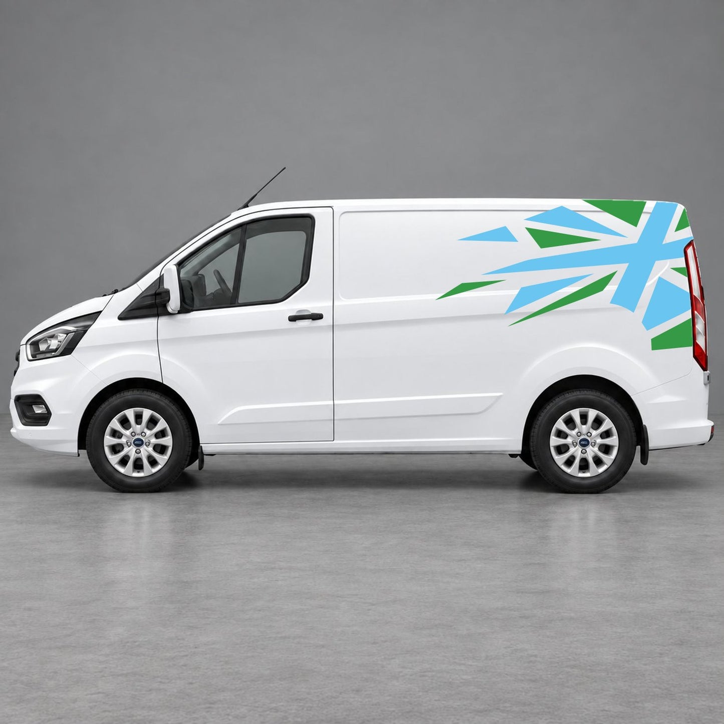 Ford Transit Custom Shattered Union Jack Side Graphics in Green & Light Blue