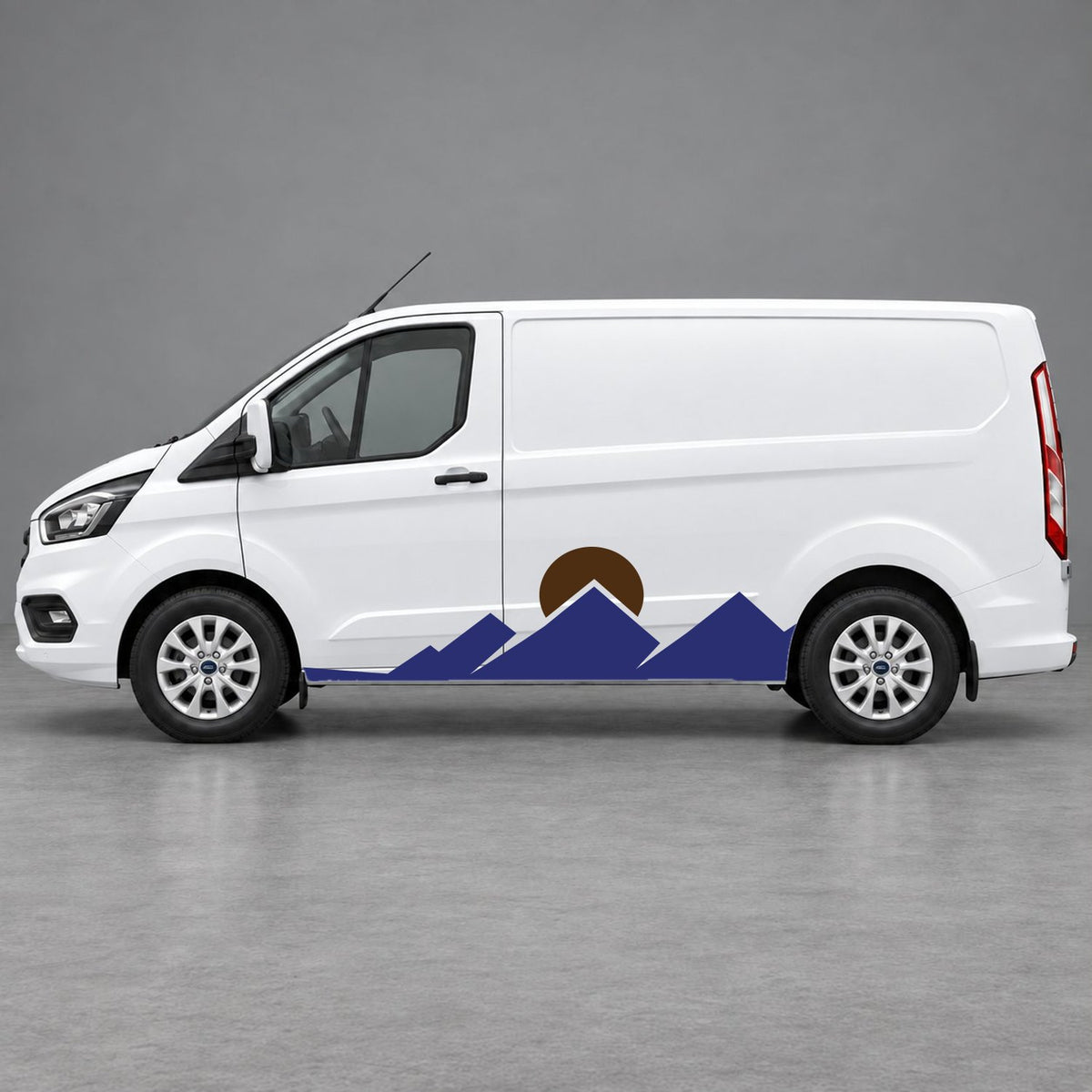 Ford Transit Custom Minimal Mountain Peak Side Graphics in Navy Blue & Brown