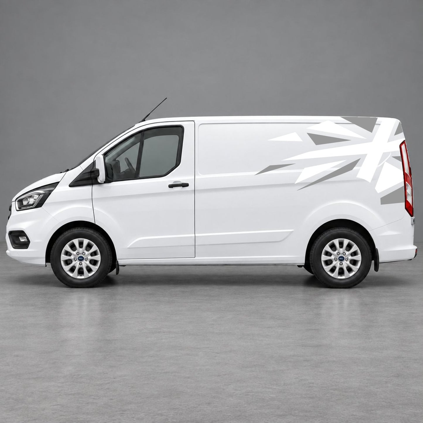 Ford Transit Custom Shattered Union Jack Side Graphics in Grey & White