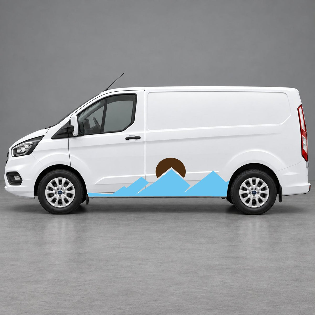 Ford Transit Custom Minimal Mountain Peak Side Graphics in Light Blue & Brown