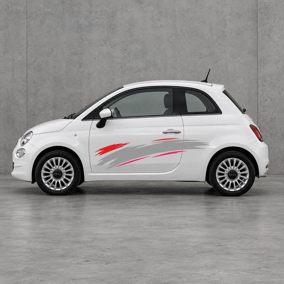 Fiat 500 Italian Red Brush Side Graphics Kit - Pair Supplied in Pink & Grey