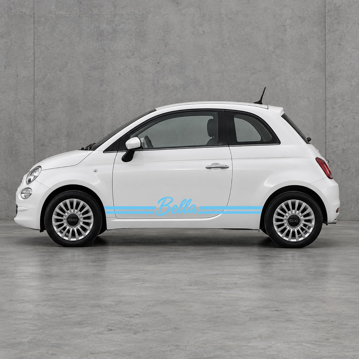 Fiat 500 Personalised Name Side Stripes Kit - Pair Supplied in Light Blue