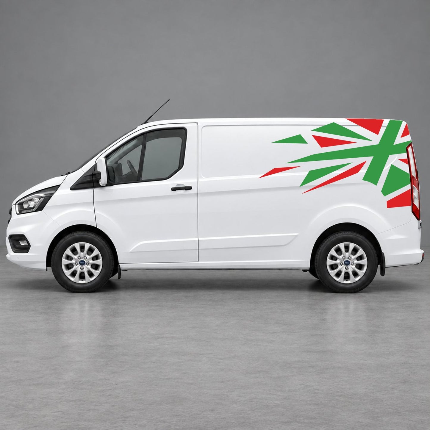 Ford Transit Custom Shattered Union Jack Side Graphics in Red & Green