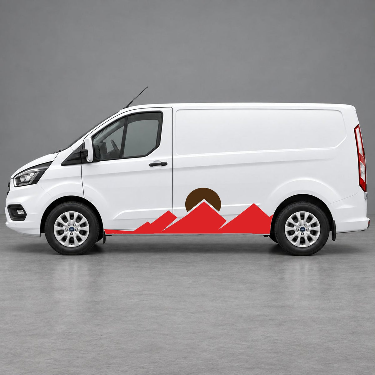 Ford Transit Custom Minimal Mountain Peak Side Graphics in Red & Brown