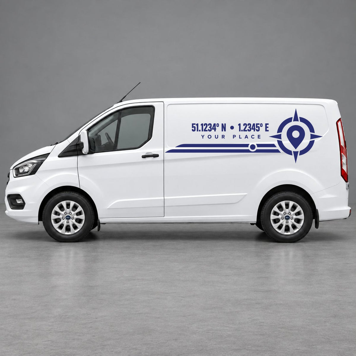 Ford Transit Custom Personalised Coordinates & Compass Side Graphics in Navy Blue