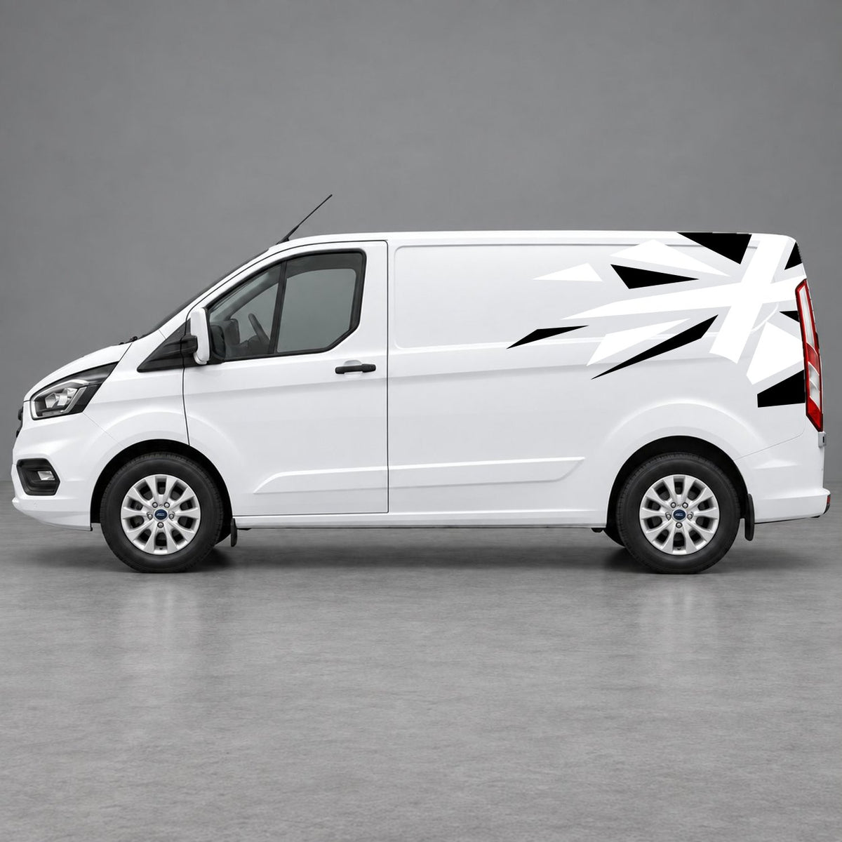 Ford Transit Custom Shattered Union Jack Side Graphics in Black & White