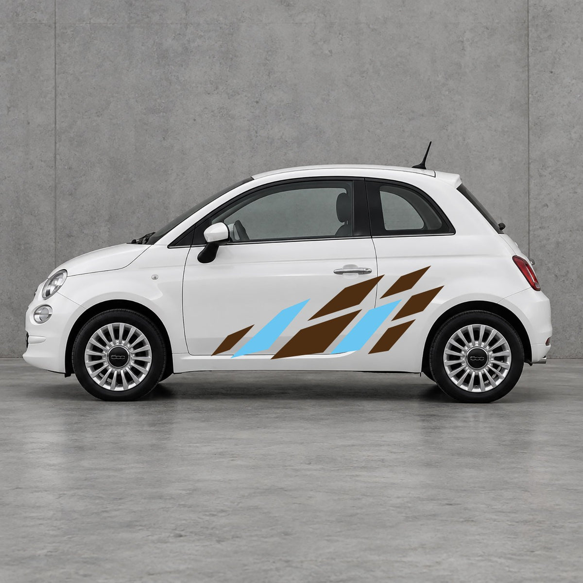 Fiat 500 Racing Flag Side Graphics Kit - Pair Supplied in Brown & Light Blue