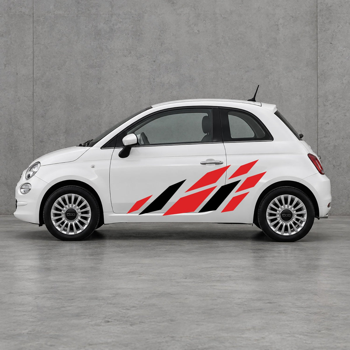 Fiat 500 Racing Flag Side Graphics Kit - Pair Supplied in Red & Black