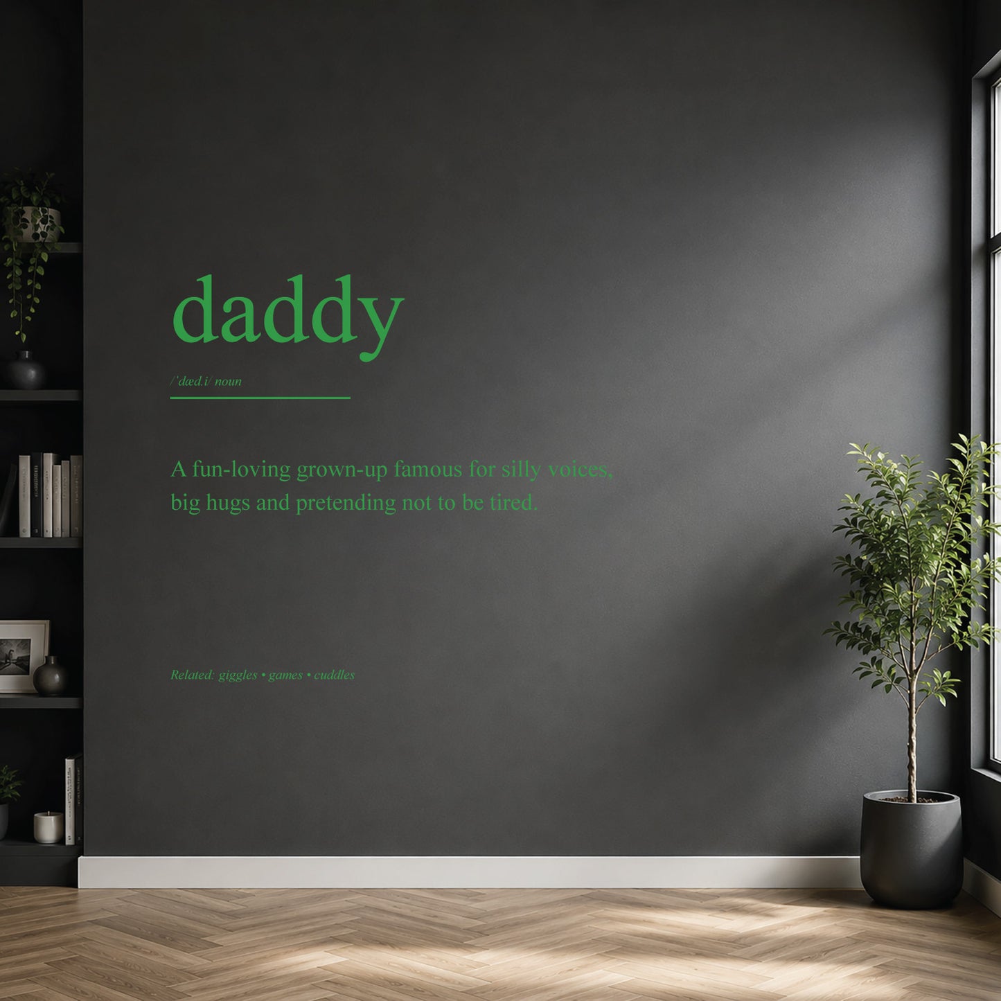 White daddy dictionary definition wall sticker on a dark modern wall.