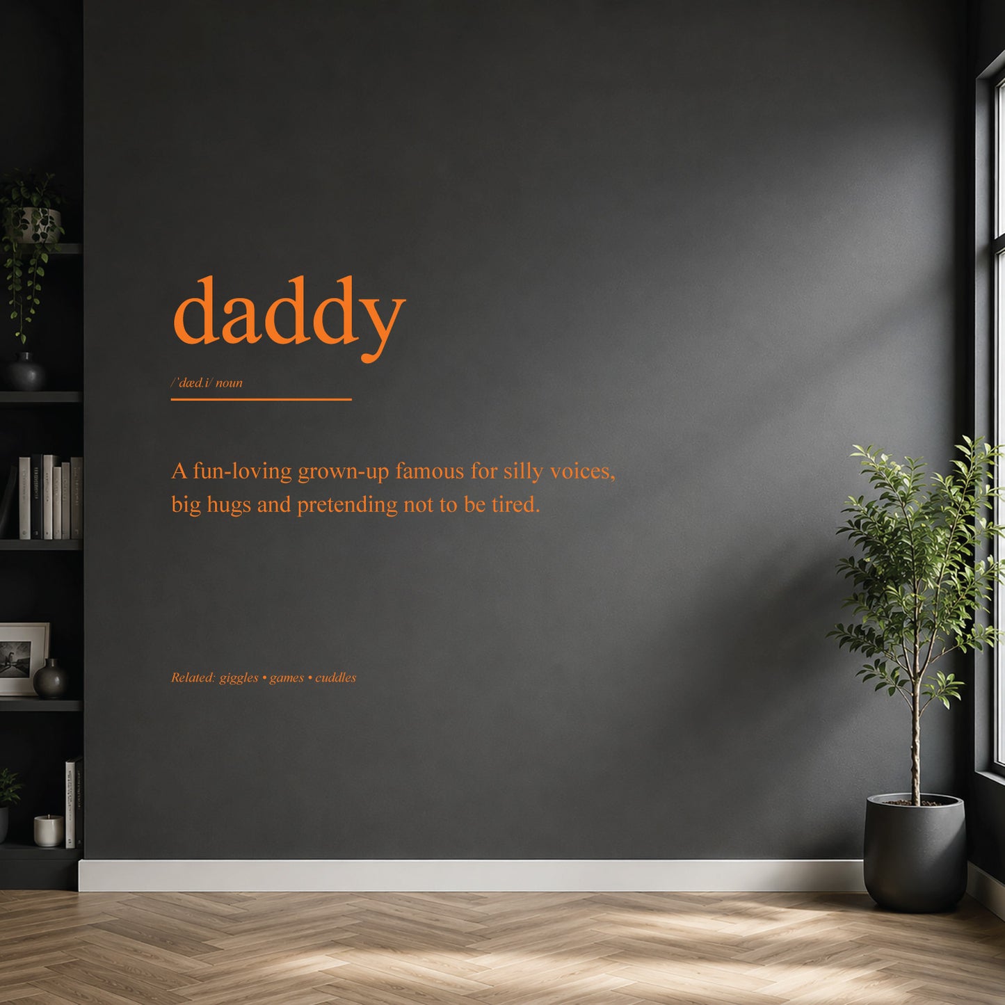 White daddy dictionary definition wall sticker on a dark modern wall.