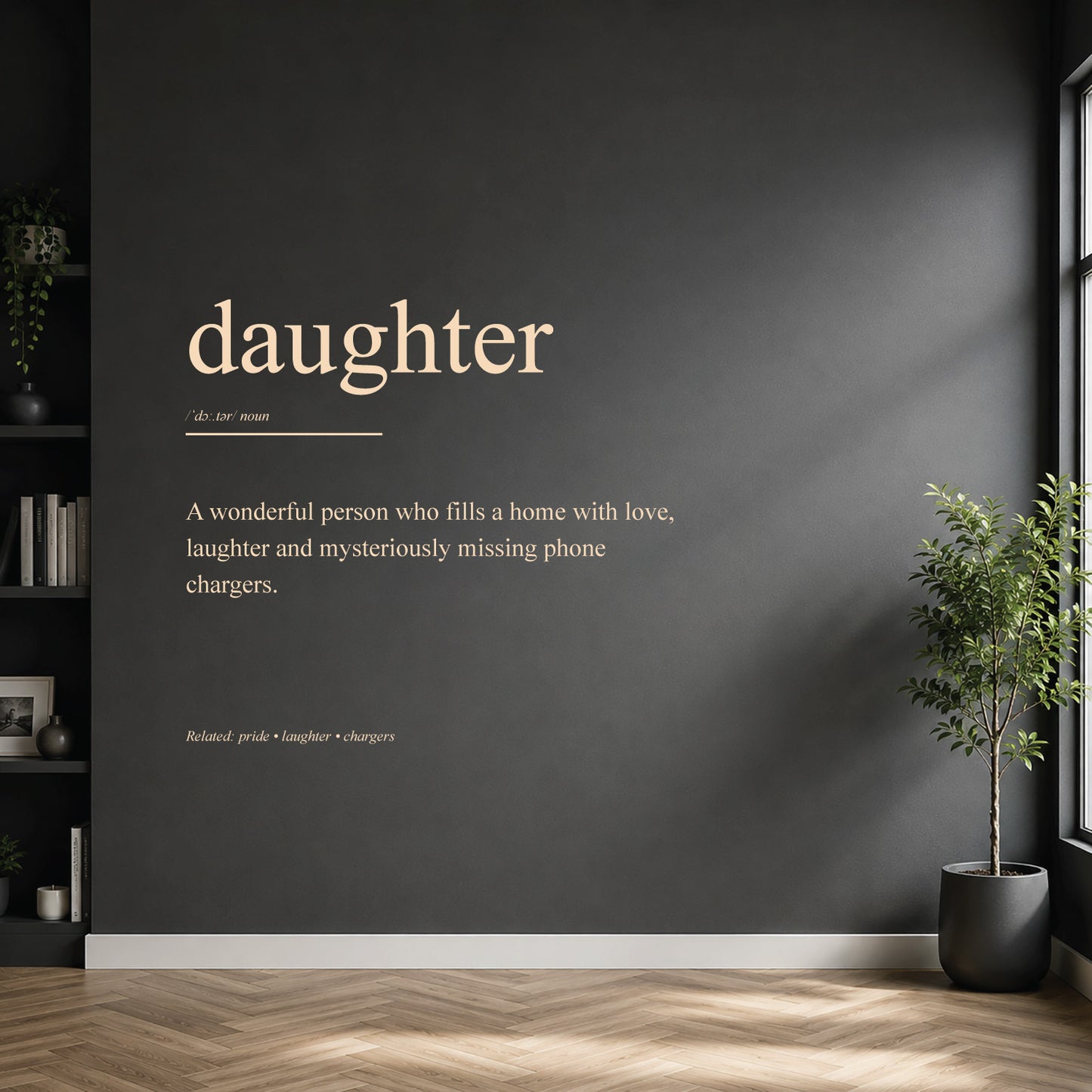 White daughter dictionary definition wall sticker on a dark modern wall.