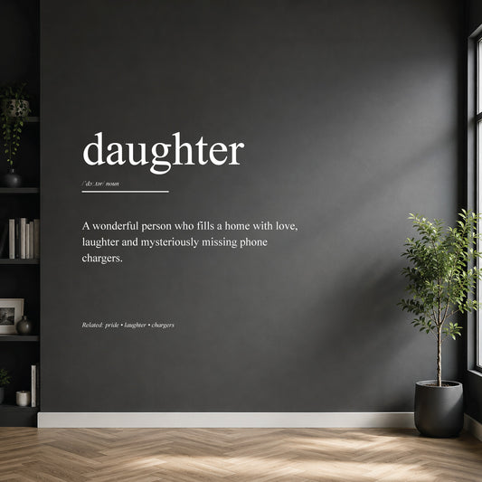 White daughter dictionary definition wall sticker on a dark modern wall.