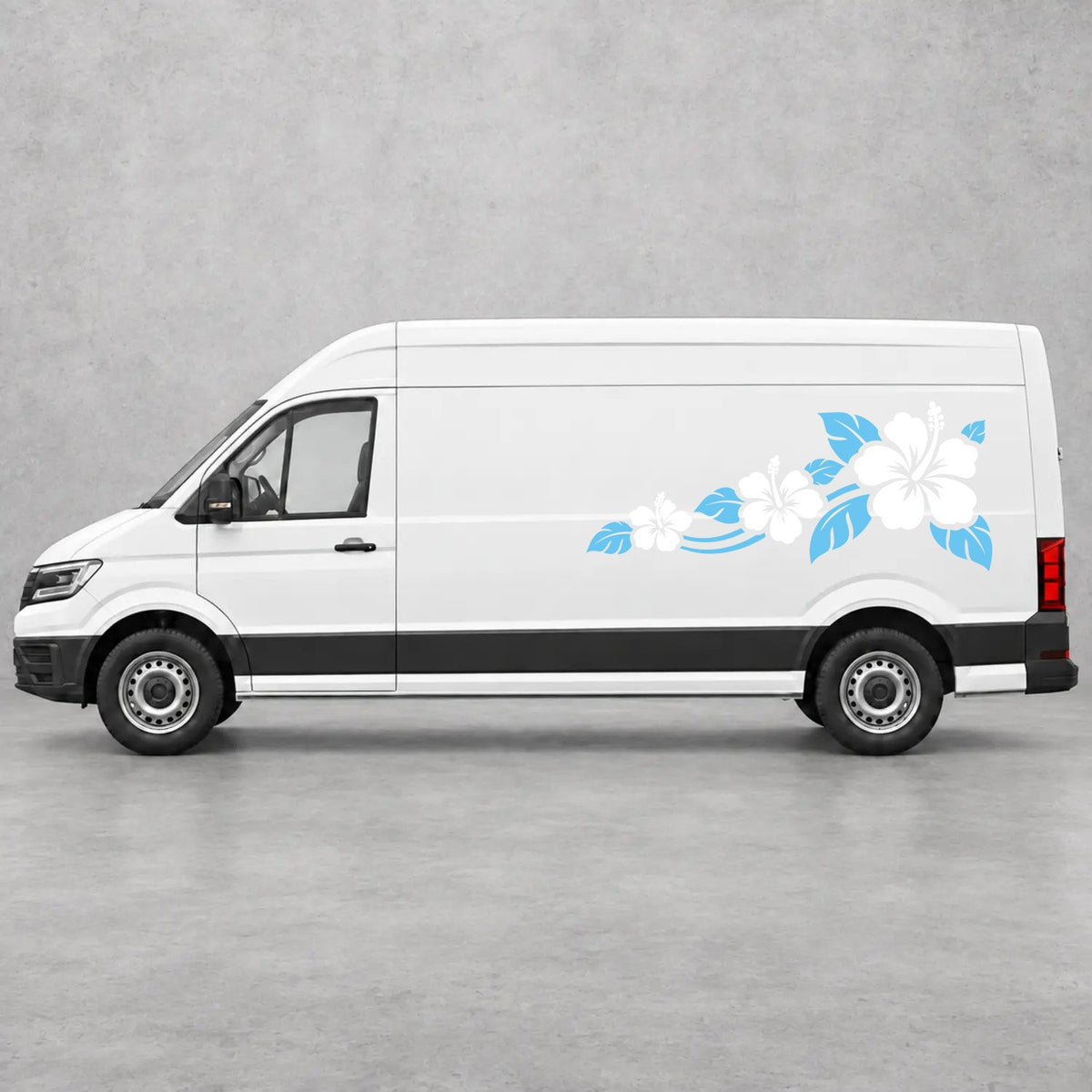 VW Crafter Hibiscus Flower Trail Side Graphics in Light Blue & White