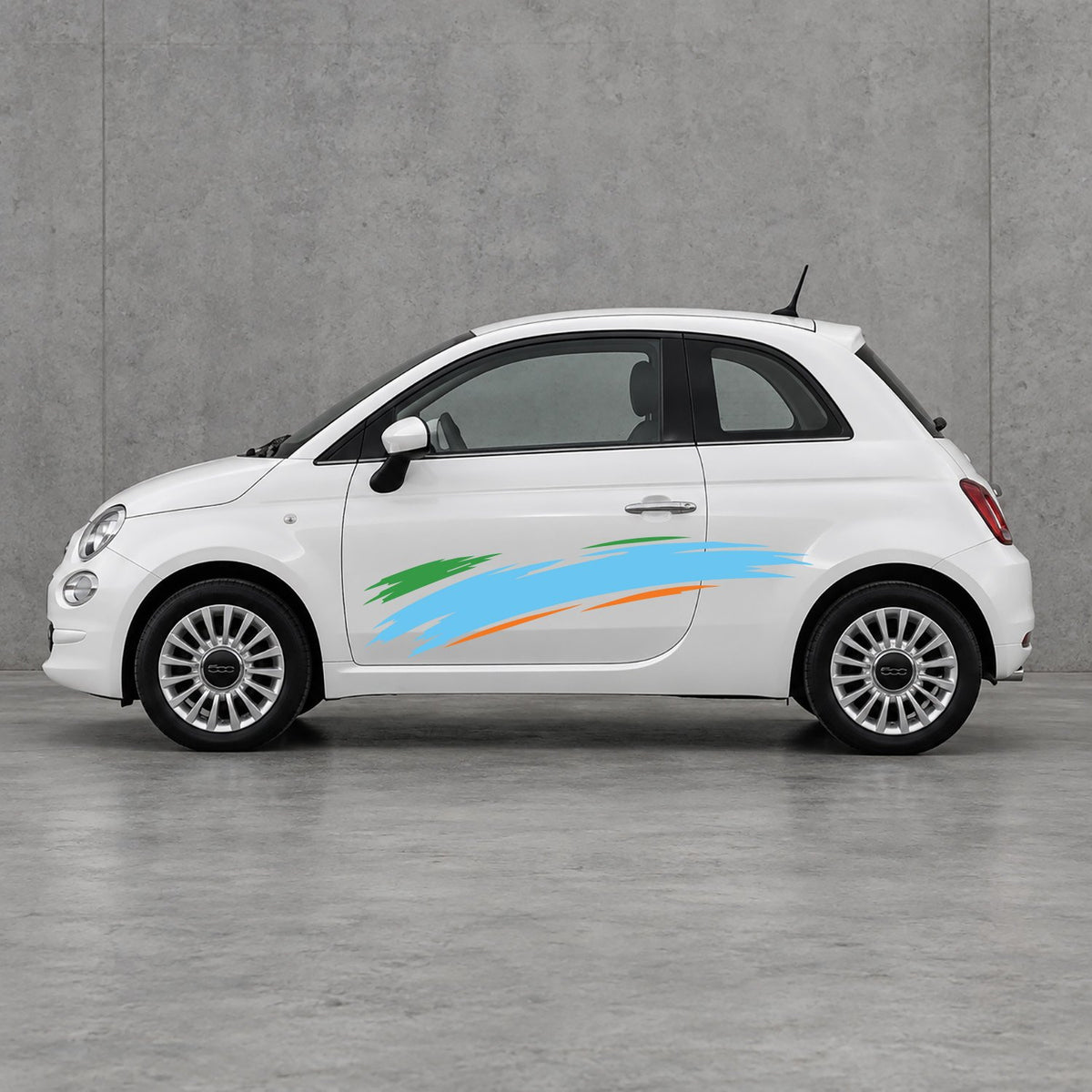 Fiat 500 Italian Green Brush Side Graphics Kit - Pair Supplied in Light Blue & Orange