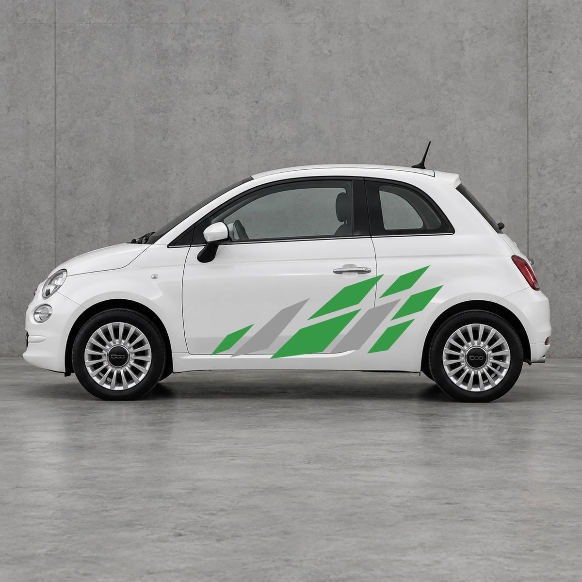 Fiat 500 Racing Flag Side Graphics Kit - Pair Supplied in Green & Grey