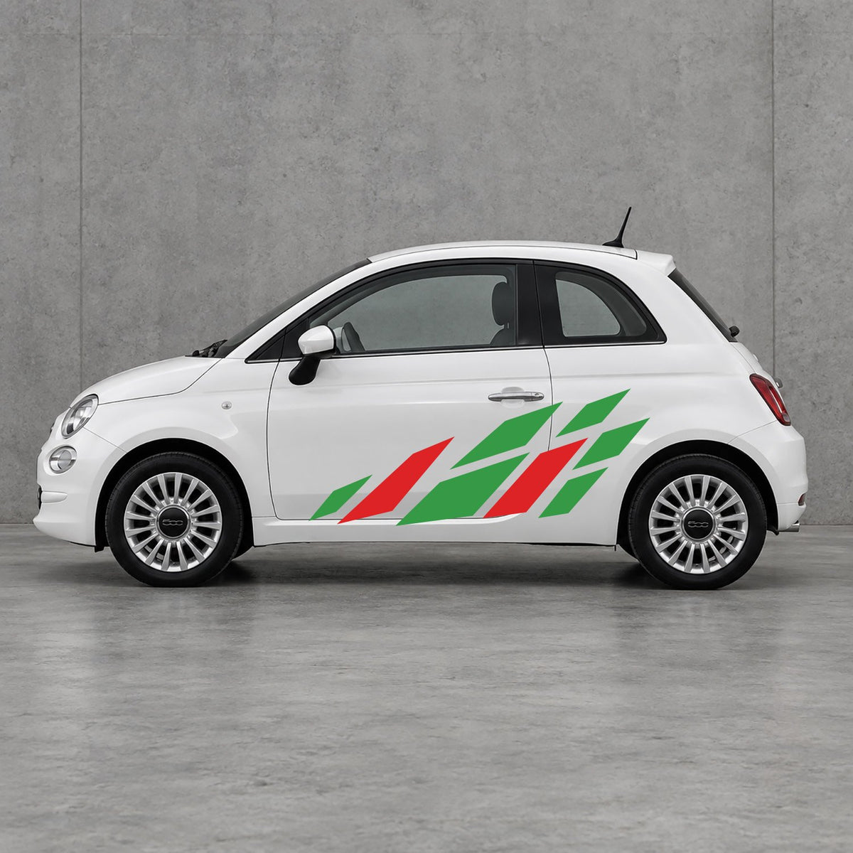 Fiat 500 Racing Flag Side Graphics Kit - Pair Supplied in Green & Red
