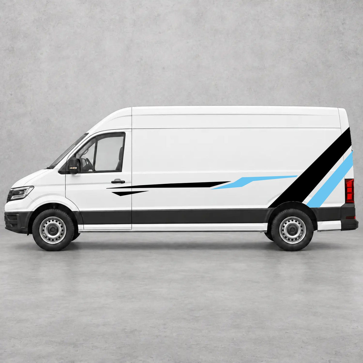 VW Crafter Bold Rear Diagonal Side Stripes in Black & Light Blue