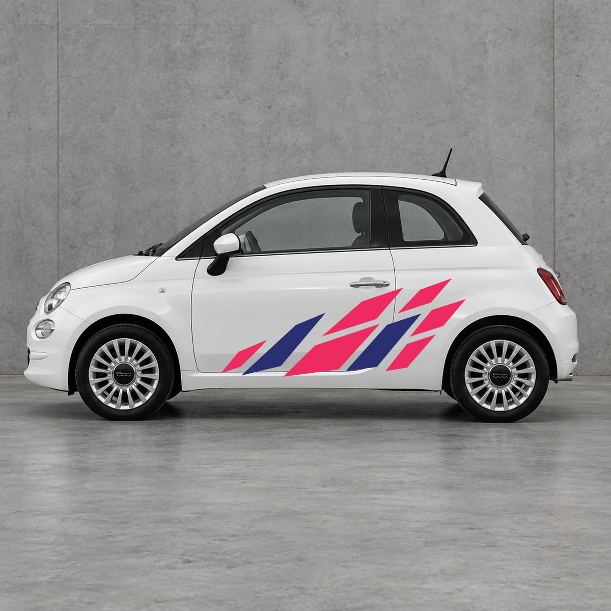 Fiat 500 Racing Flag Side Graphics Kit - Pair Supplied in Pink & Navy Blue