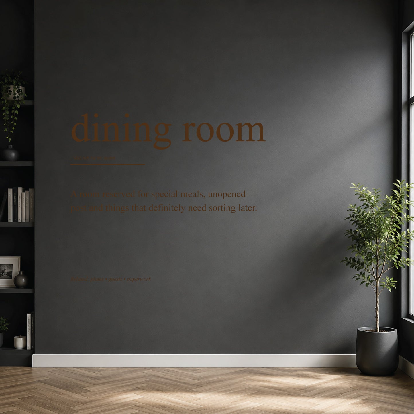 White dining room definition wall sticker on a dark modern wall.